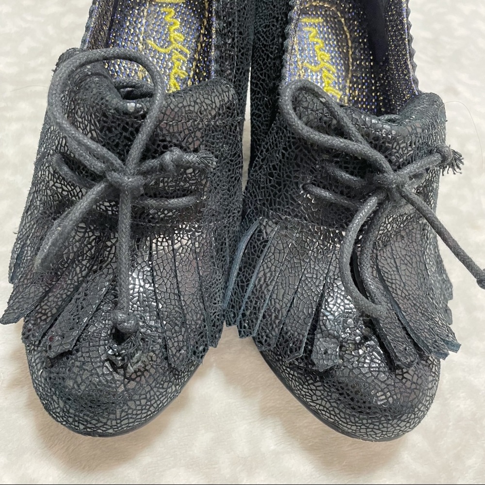 Irregular Choice Wedges I’m From The Future 6.5 Black Crackle Leather Kiltie - Picture 8 of 14